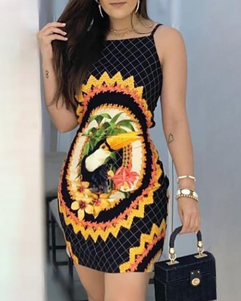 

Random Print Grid Spaghetti Strap Dress, Black