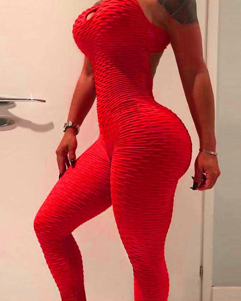 

Solid Open Back Ruched Jumpsuit, Red