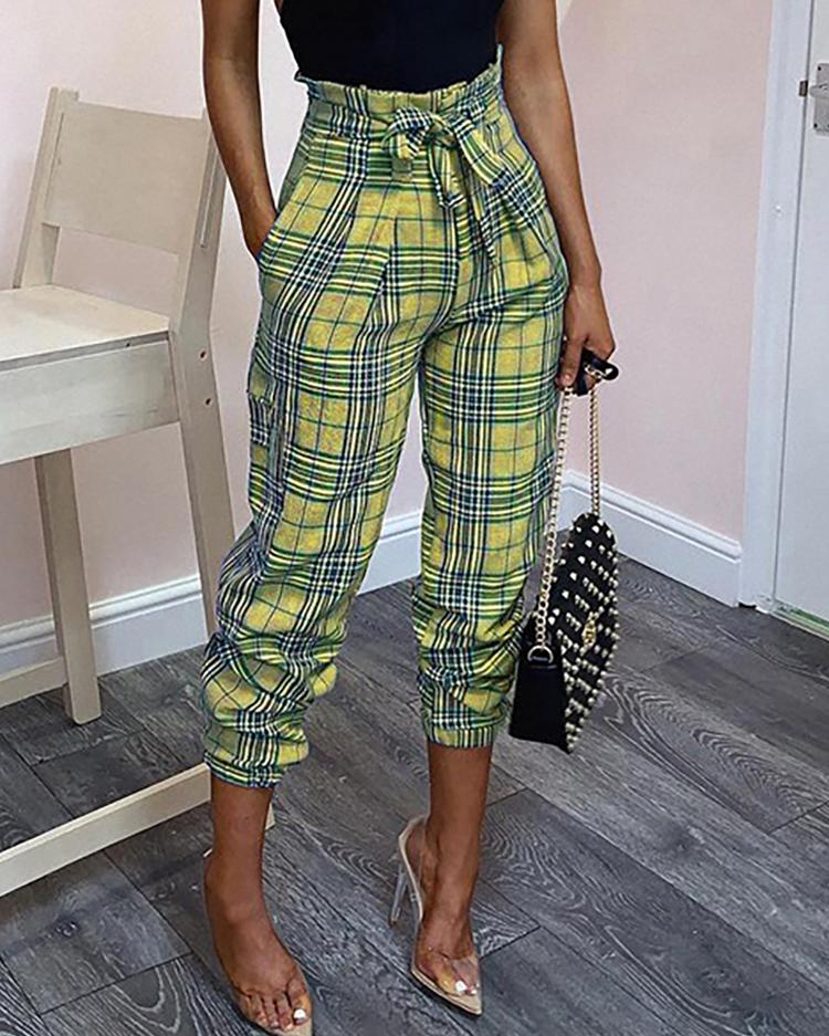 

High Waist Plaid Tied Waist Casual Pants, Green