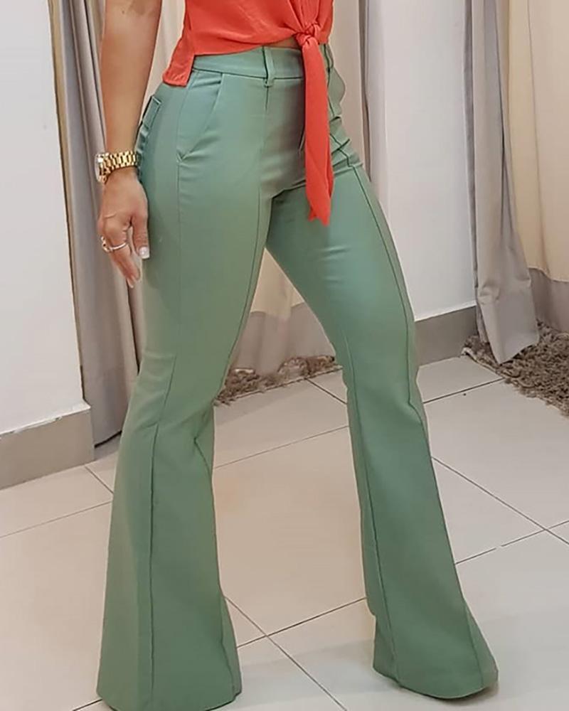 

High Waist Bell-Bottom Casual Pants, Light green