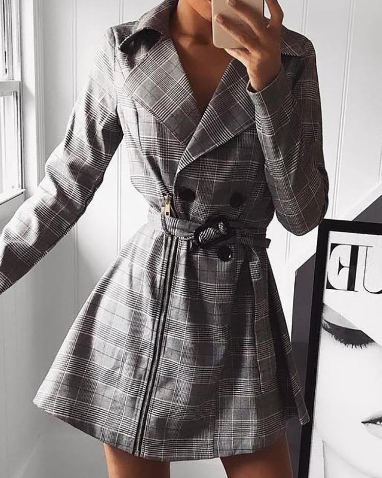 

Plaid Print Zipper Design Double-Breasted Belted Dress, Gray