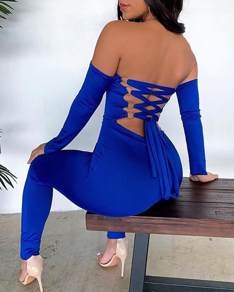 

Off Shoulder Cutout Backless Tight Jumpsuit, Blue