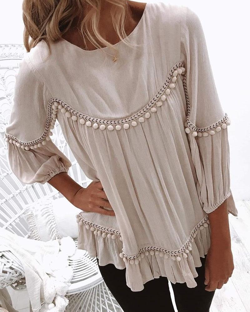 

Pom Poms Ruched Detail Casual Blouse, Nude