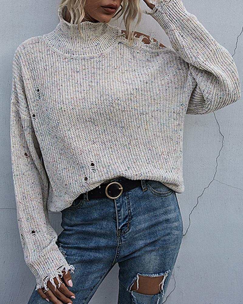 

Solid Ripped Hem Loose Sweaters, Beige