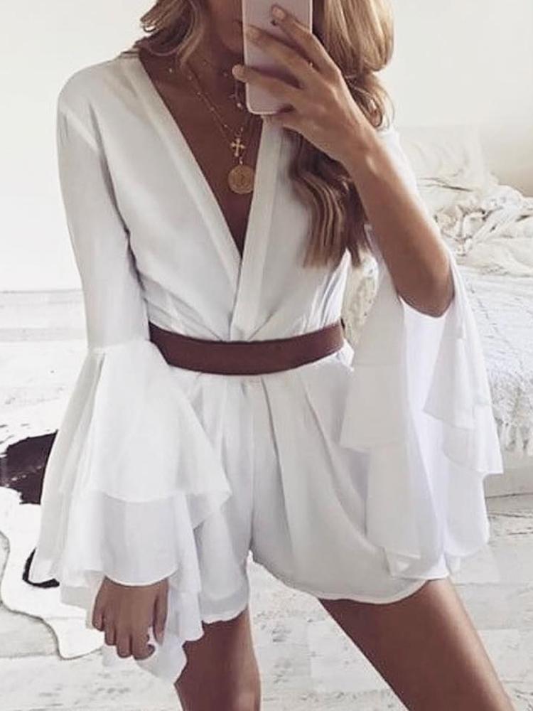 

Flared Slit Sleeve Wrap Deep V Mini Dress, White
