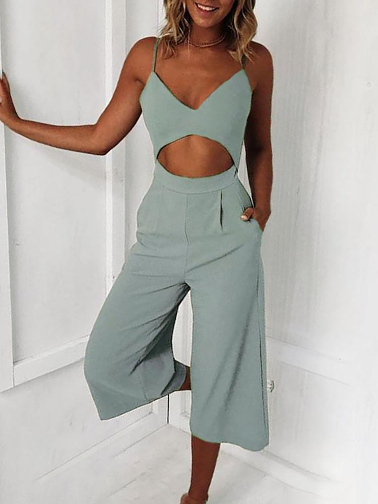 

Solid Cut Out Spaghetti Strap Wide Leg Capri Jumpsuit, Green