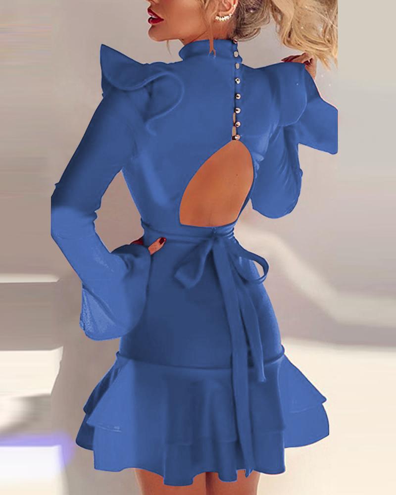

Solid Backless Ruffle Long Sleeve Dress, Blue
