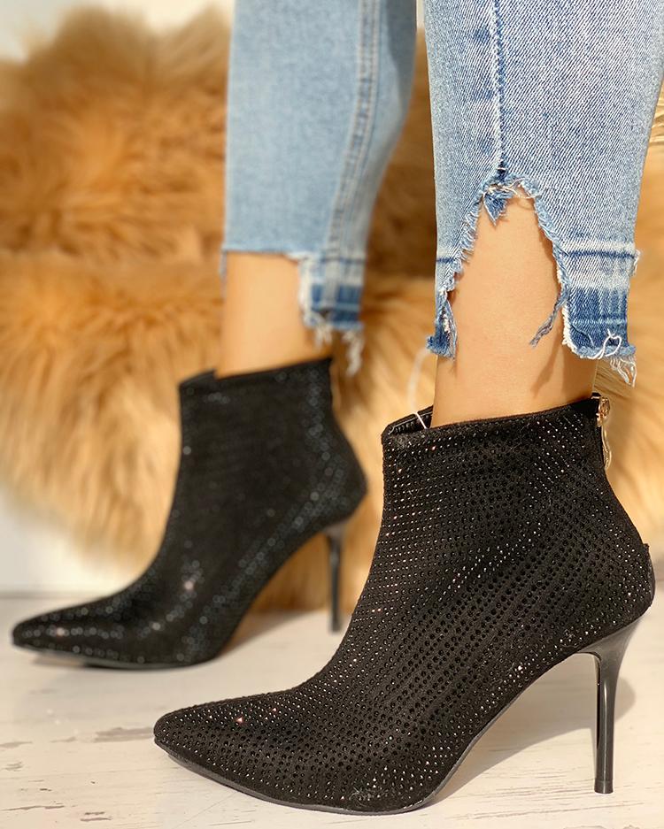 

Hot Stamping Pointed Toe Ankle Boots, Black