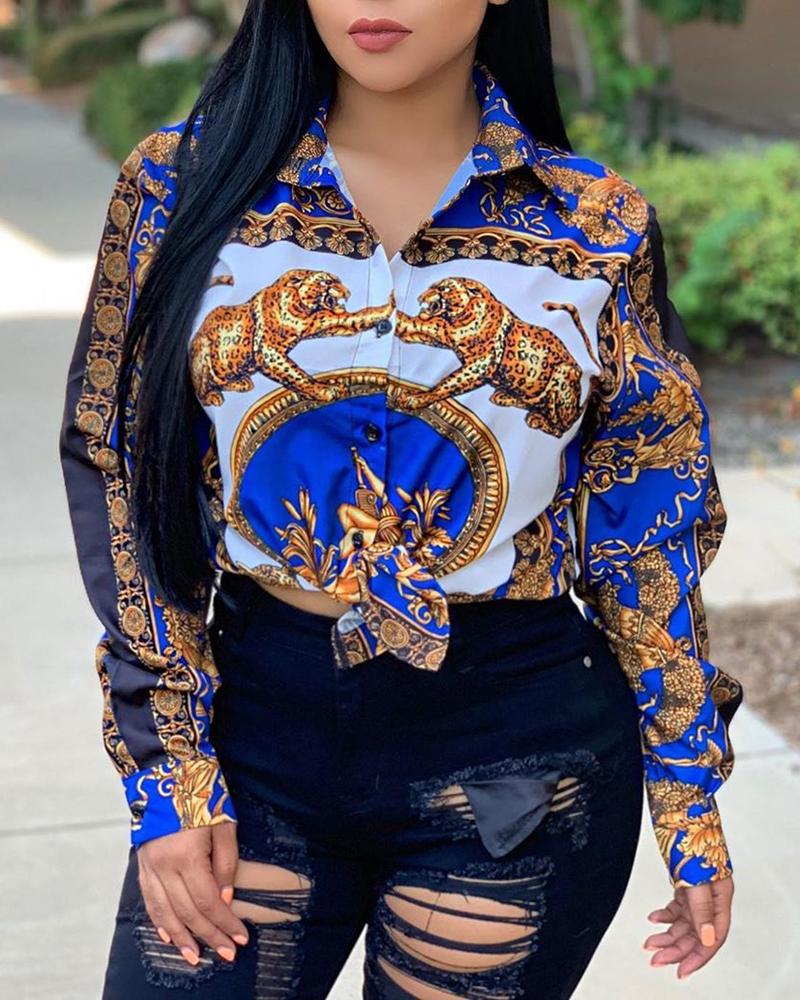 

Retro Print Long Sleeve Casual Shirt, Blue
