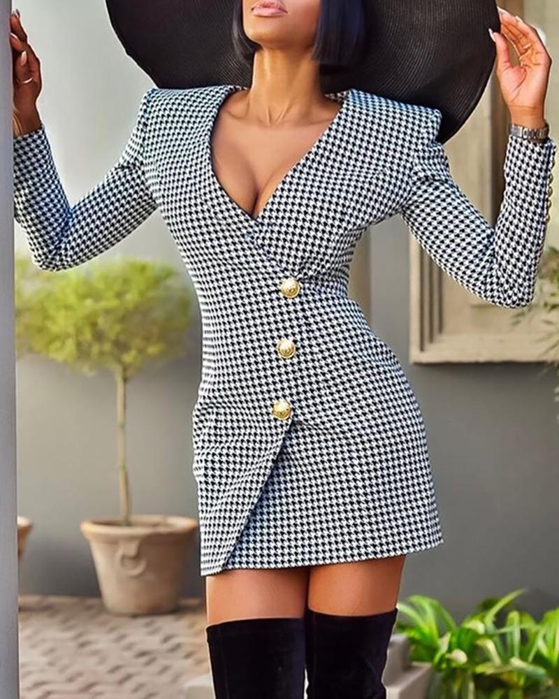 

Buttoned Design Houndstooth Blazer Dress, Black