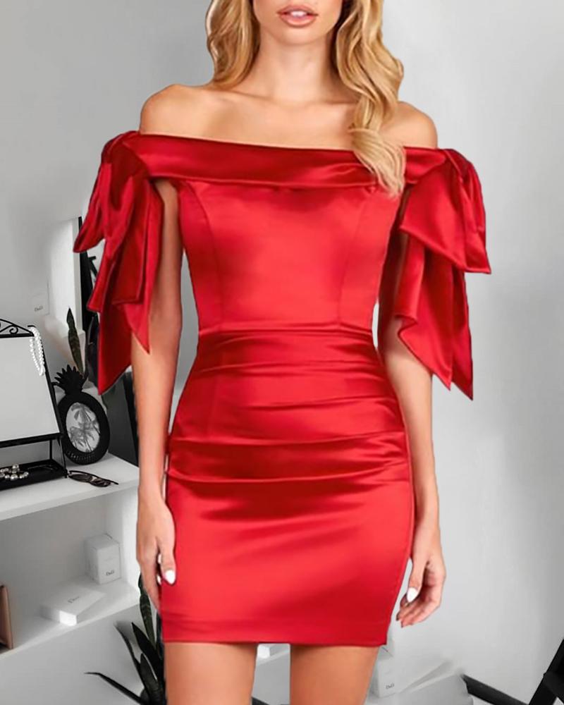 

Off Shoulder Bowknot Satin Bodycon Dress, Red