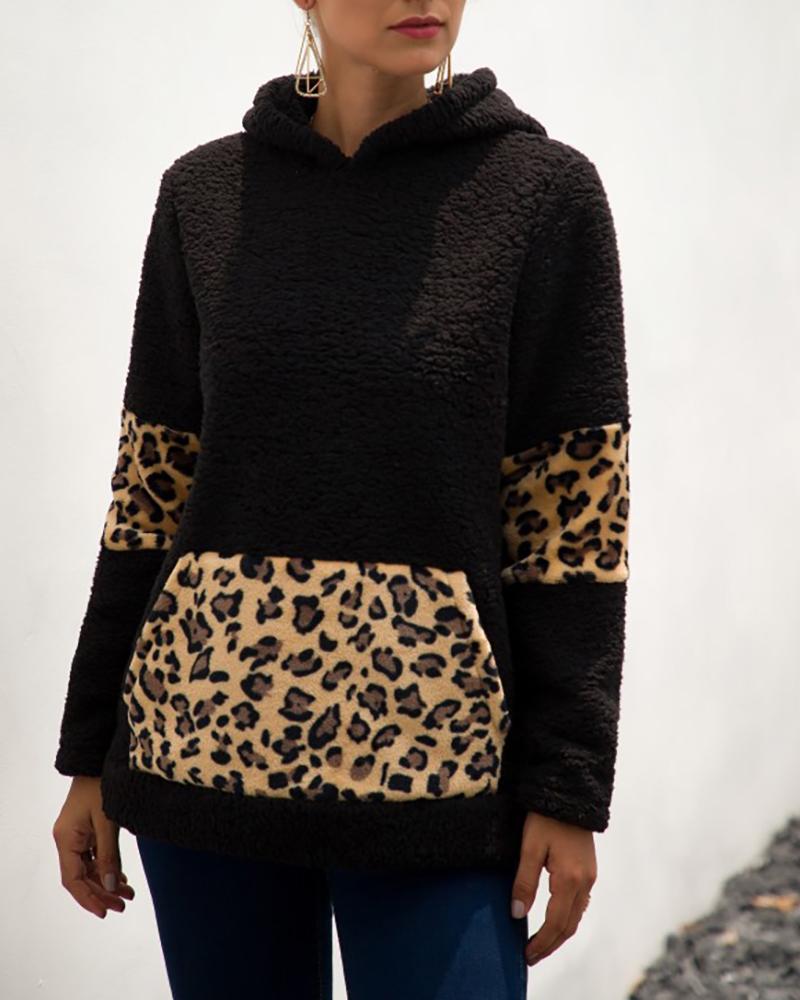 

Hooded Leopard Print Pocket Insert Fluffy Sweatshirt, Black
