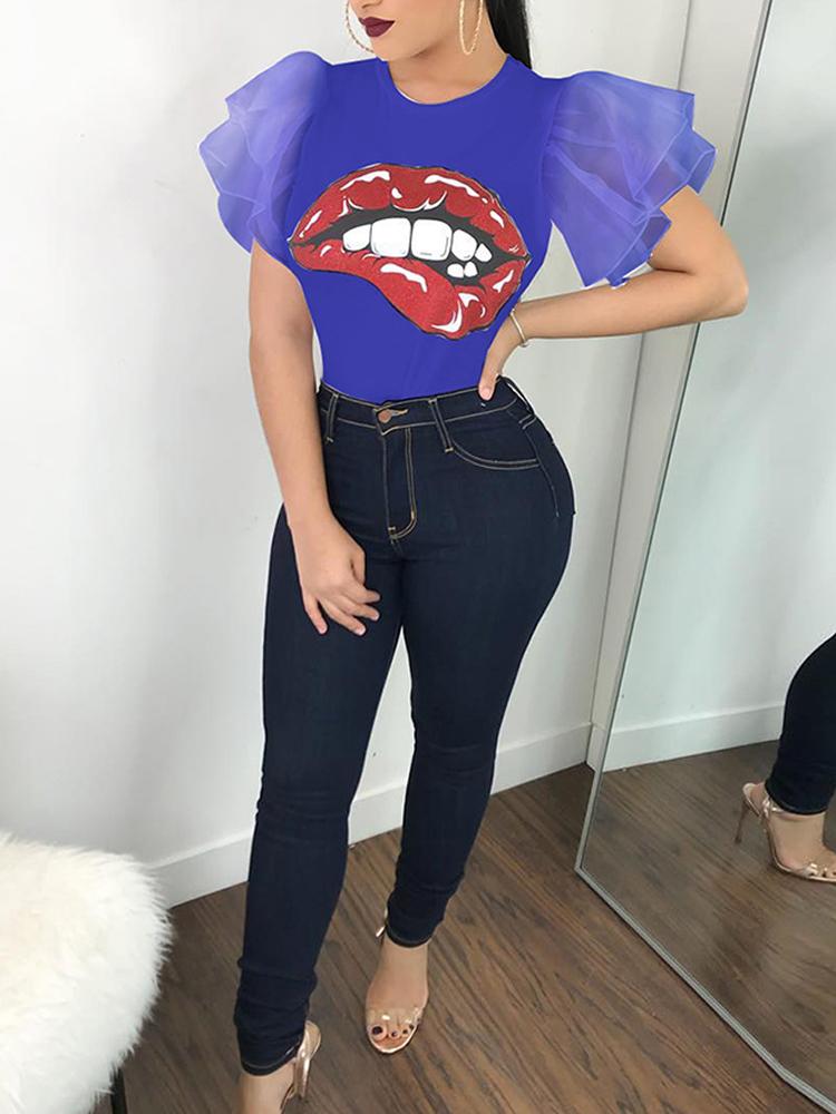 

Exaggerate Lips Print Mesh Layered Sleeve Tee, Blue