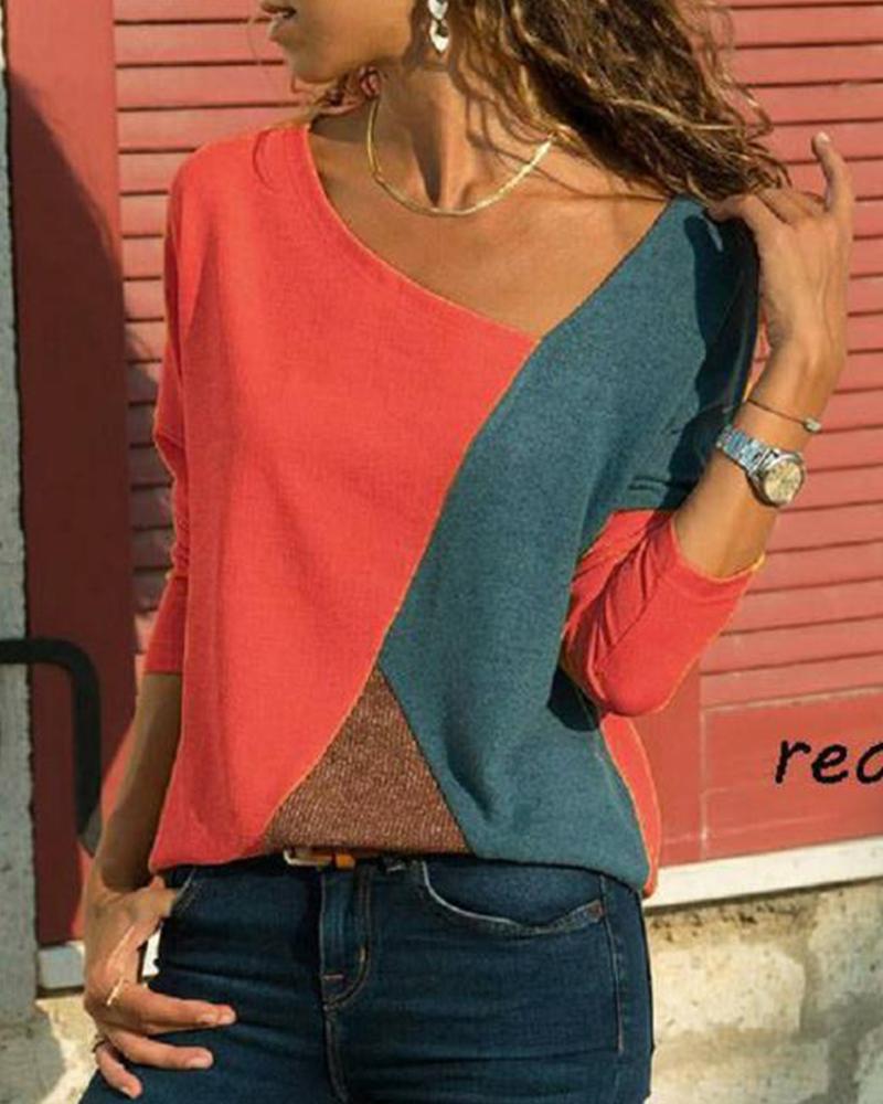 

Asymmetrical Colorblock Long Sleeve Top, Red