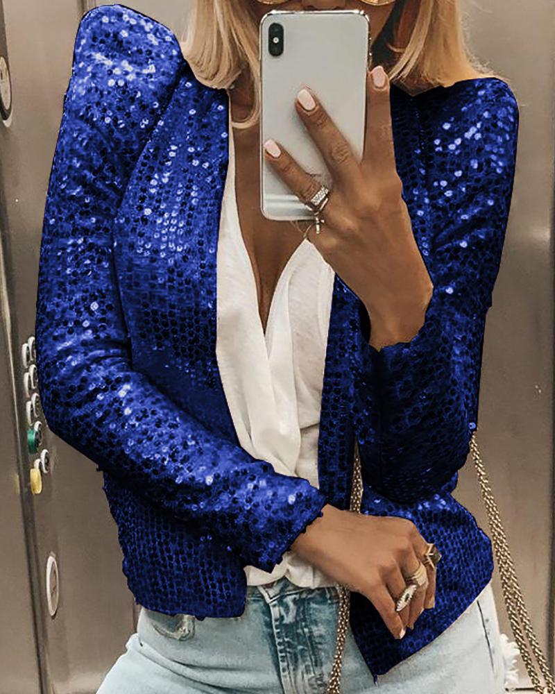 

Glitter Open Front Puff Sleeve Sequins Coat, Blue