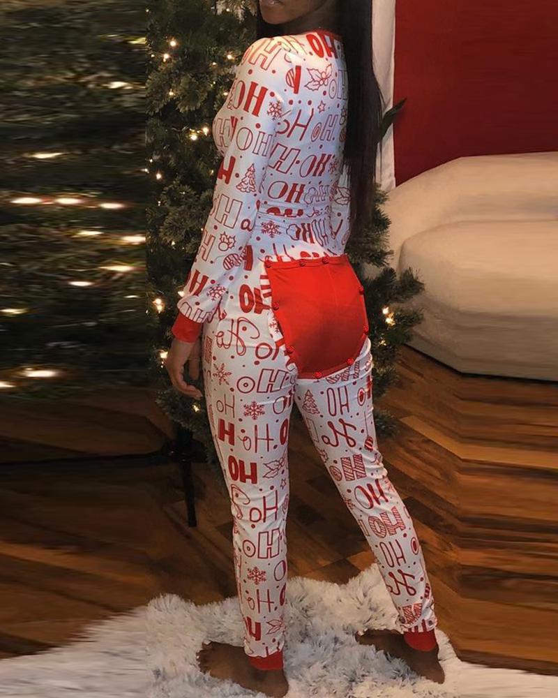 

Christmas Letter Print Functional Buttoned Flap Adults Pajamas, Red