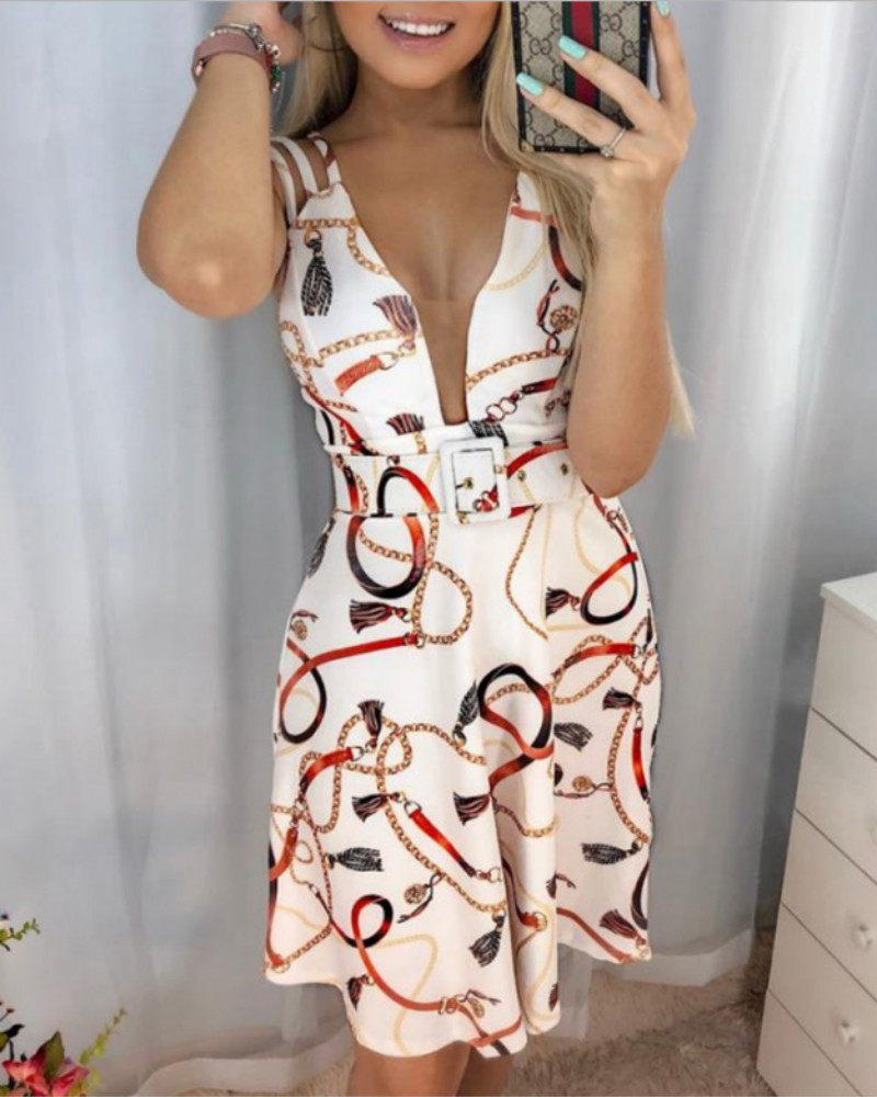 

Chain Print Plunge Pleated Dress, White