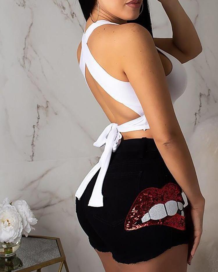 

Lips Sequin Patch Black Denim Shorts