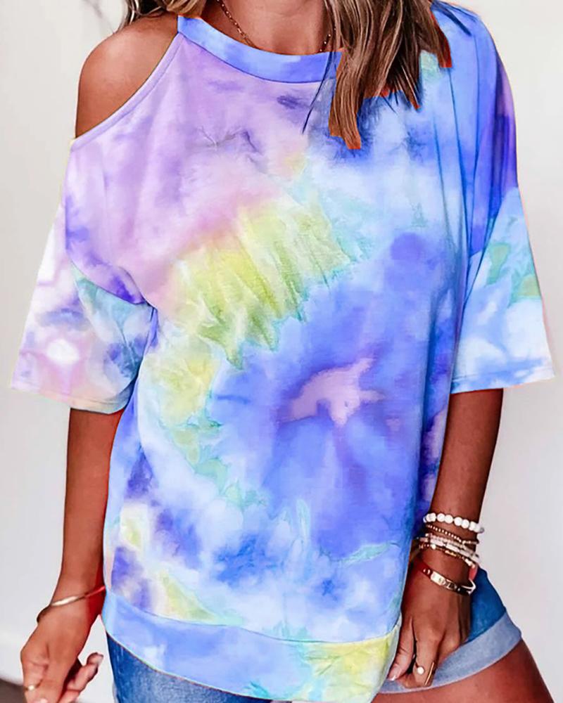 

Cold Shoulder Tie Dye Print Casual T-shirt, Blue