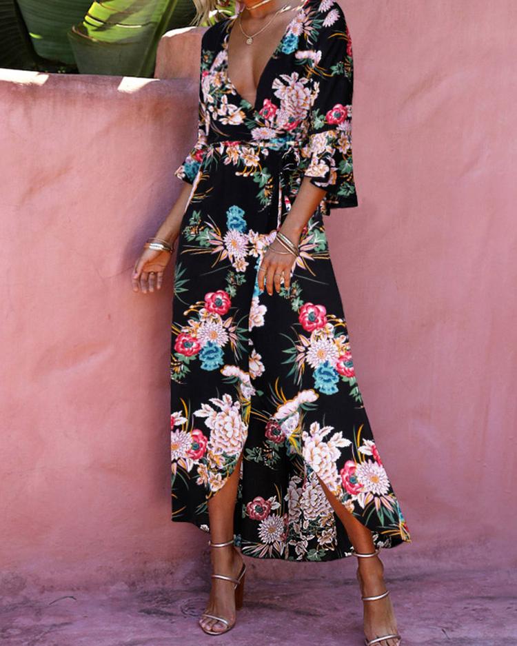 

High Slit Floral Print Maxi Dress, Black