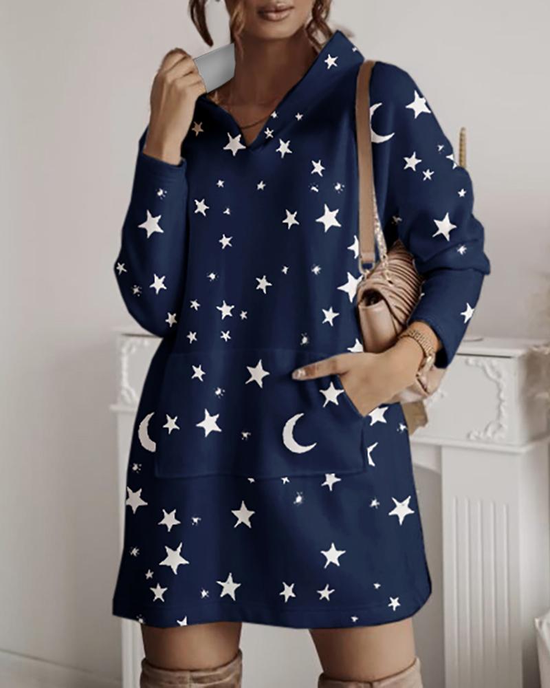 

Star Moon Print Pocket Design Hooded Sweatshirt Dress, Purplish blue