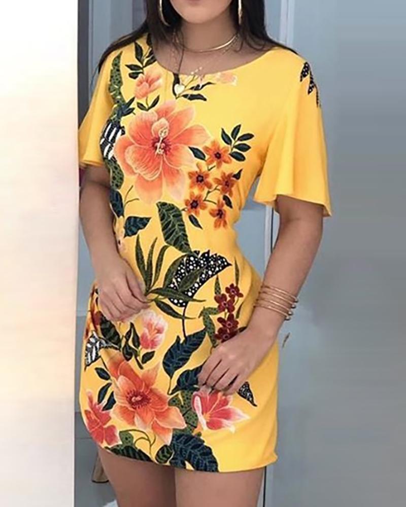 

Floral Print Short Sleeve Backless Dress