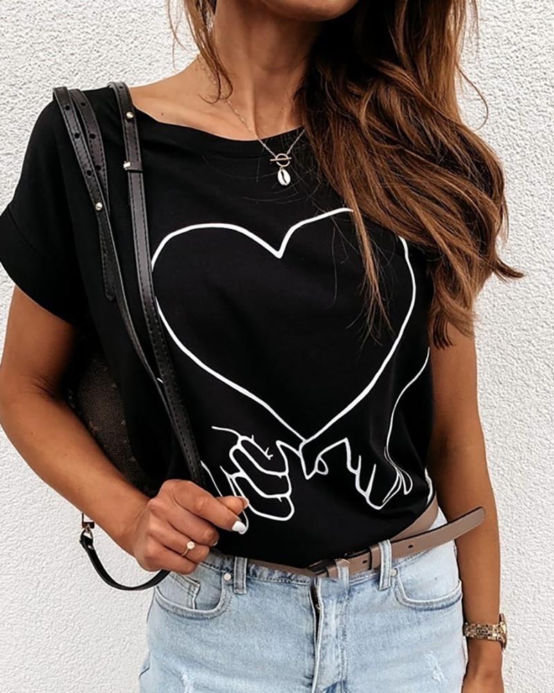 

Heart Finger Print Casual T-shirt, Black