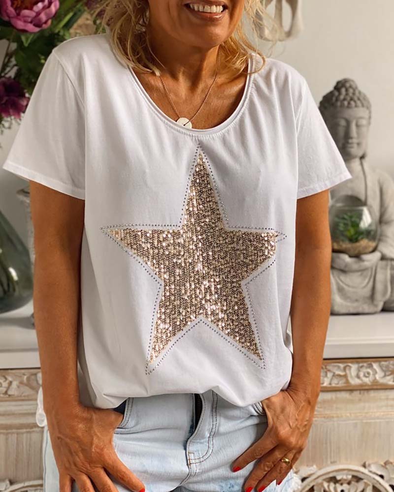 

Star Pattern Sequins Casual T-shirt, White