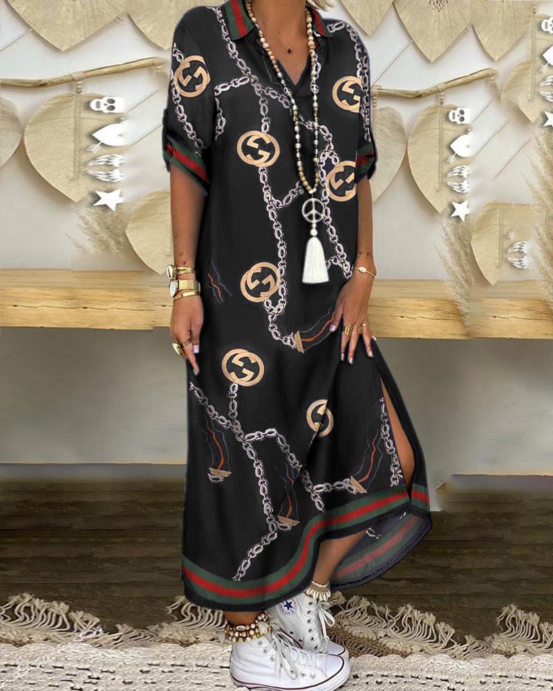 

Chain Print Half Sleeve Slit Casual Dress, Black