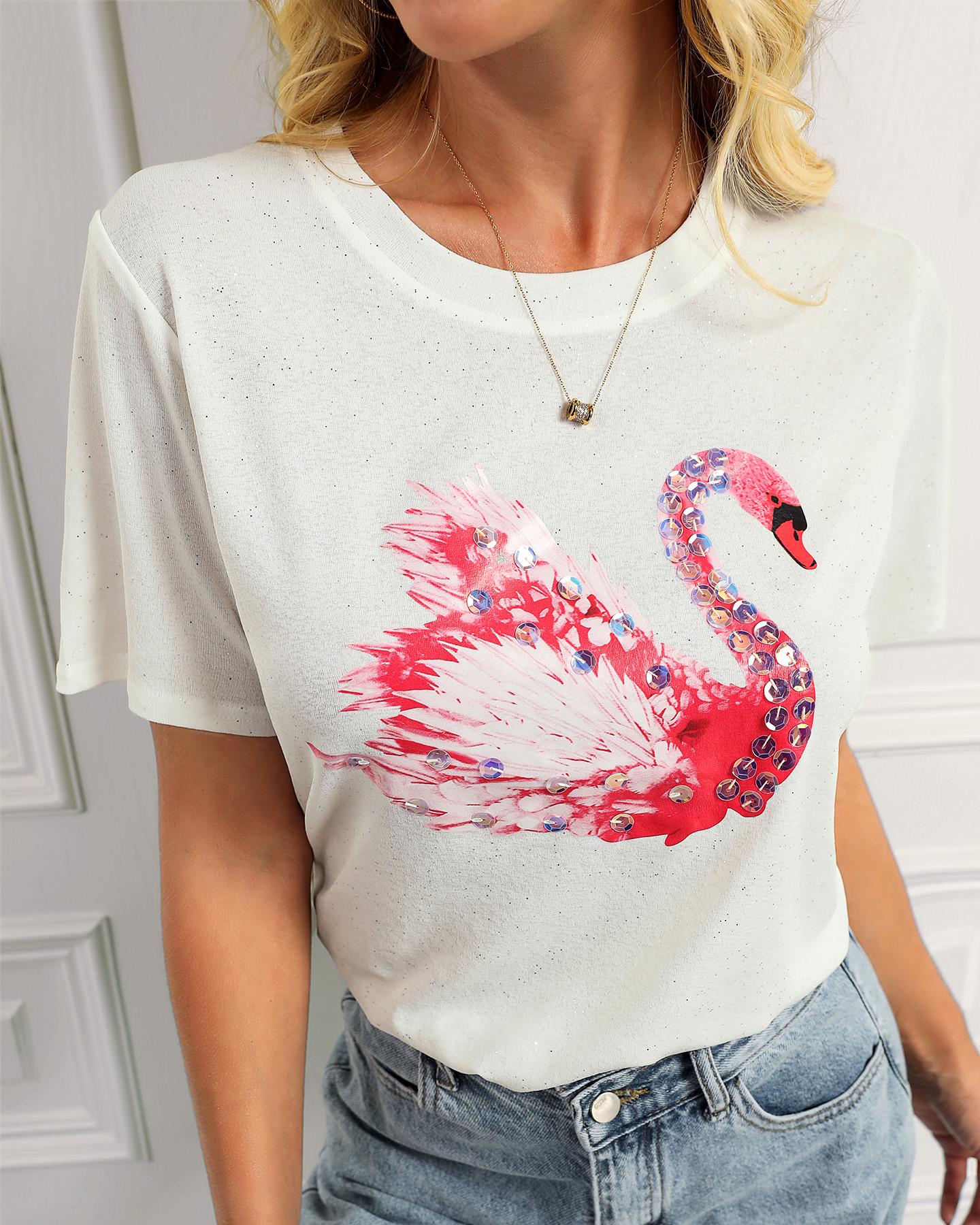 

Sequins Flamingo Pattern Casual T-shirt, White