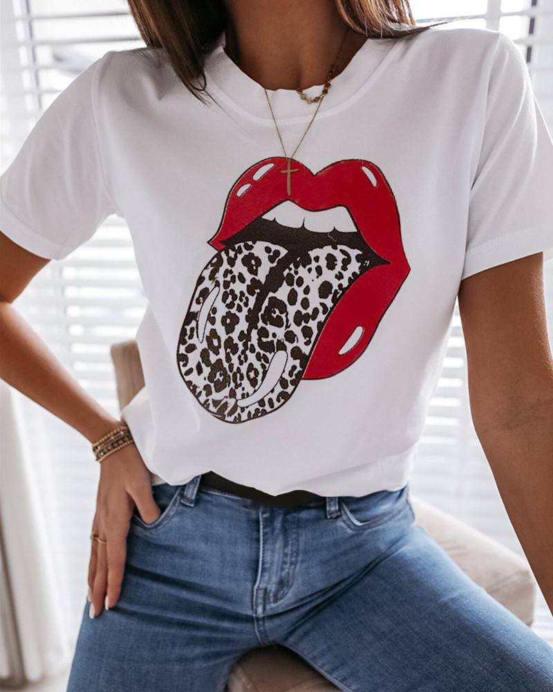 

Lip Leopard Print Short Sleeve Casual T-shirt, White