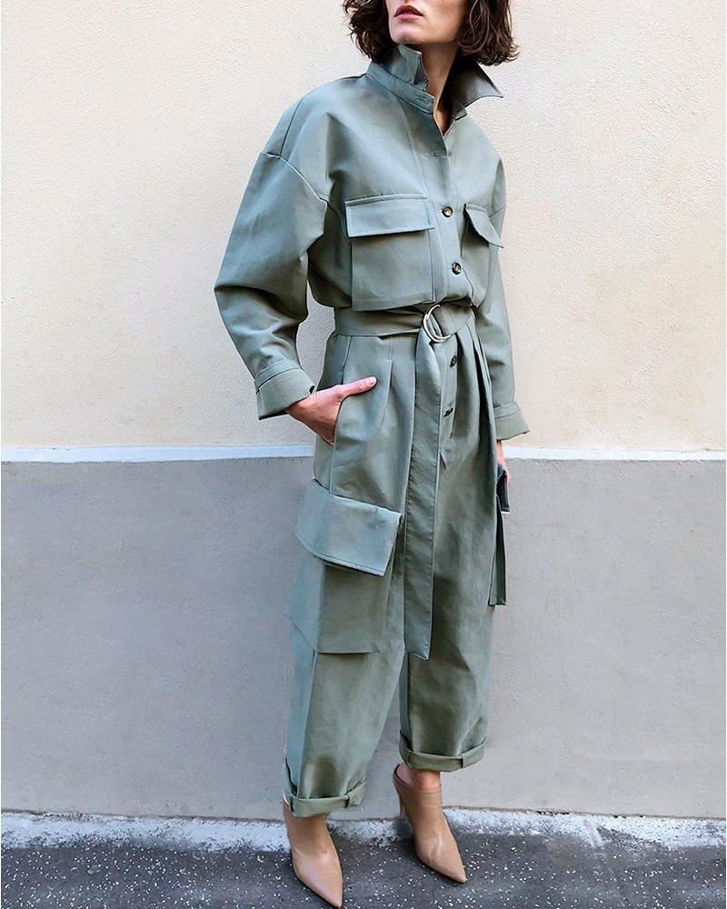 

Turn-down Collar Pocket Design Buttoned Cargo Jumpsuit, Army green