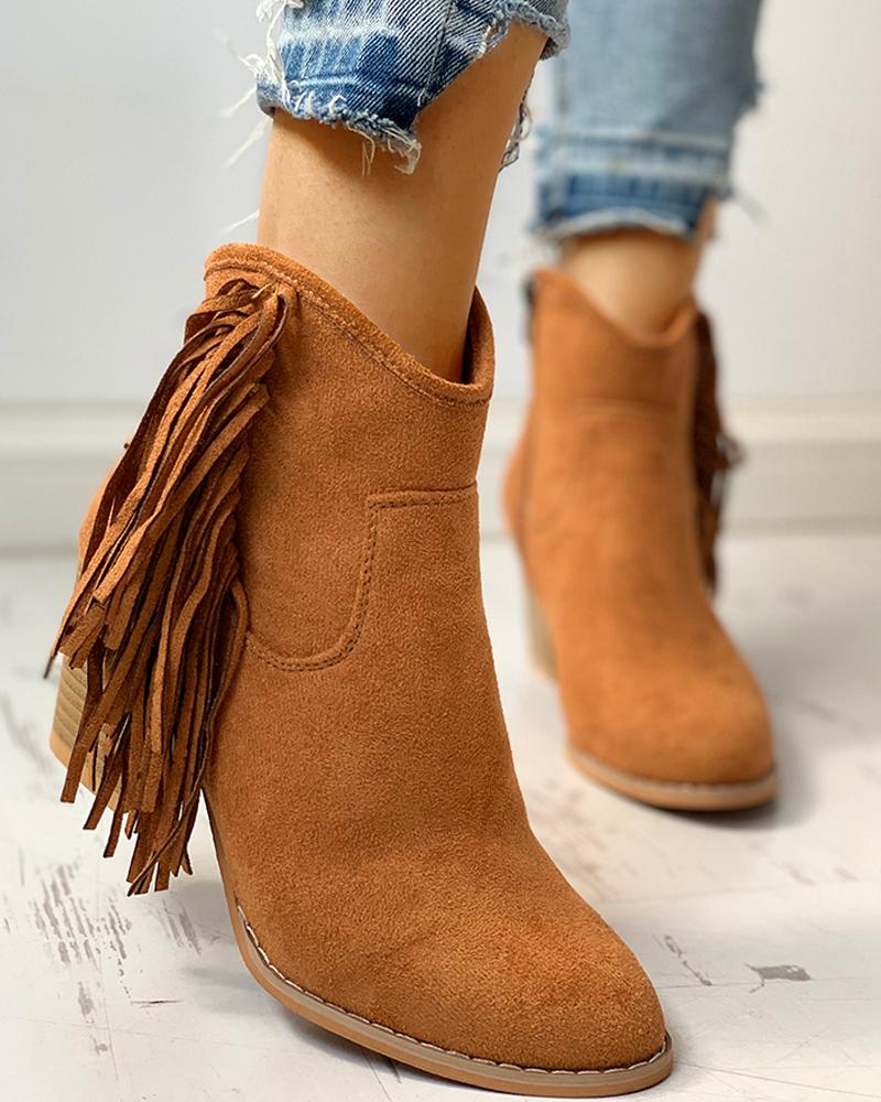 

Solid Tassel Design Chunky Heeled Boots, Brown