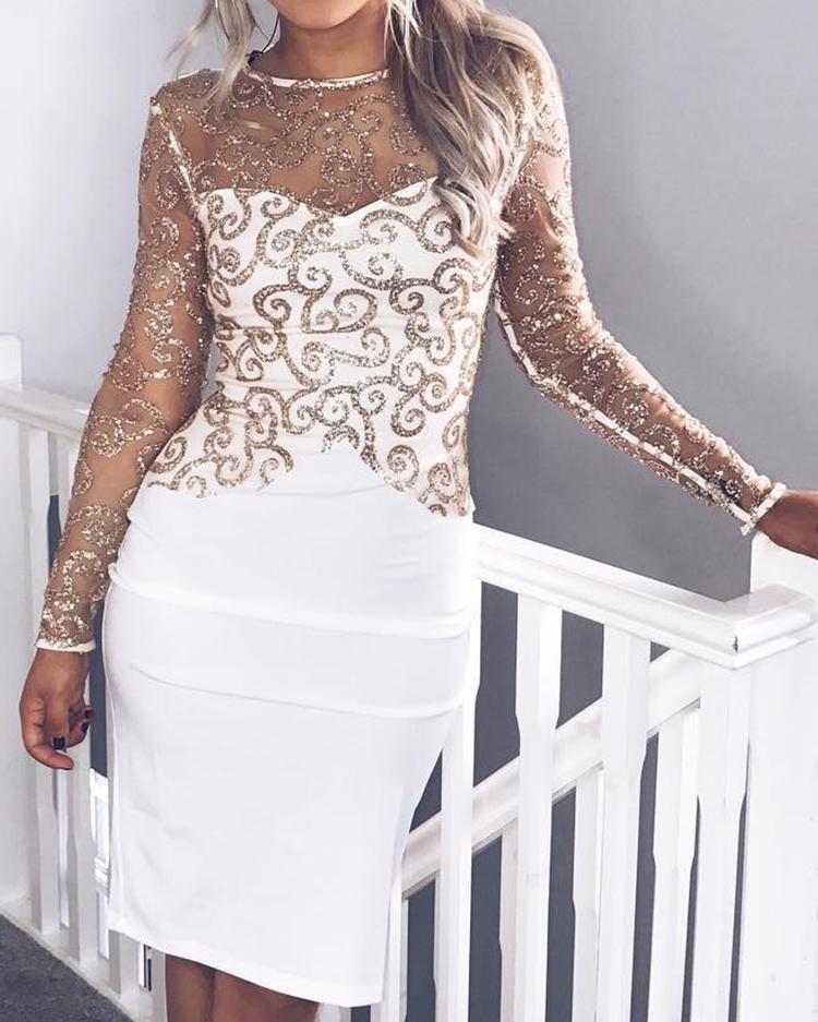 

Sheer Mesh Sequined Patchwork Bodycon Dress, Multicolor