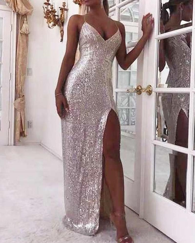 

Spaghetti Strap Sequin Maxi Dress, Silver