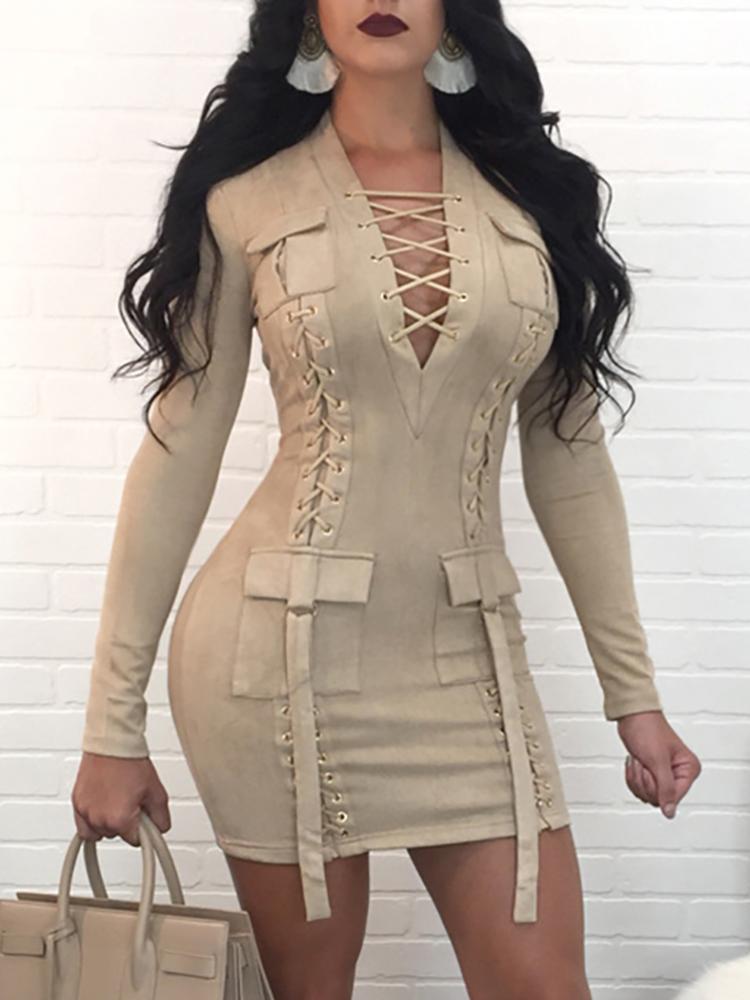 

Lace-up Deep V Long Sleeve Mini Dress