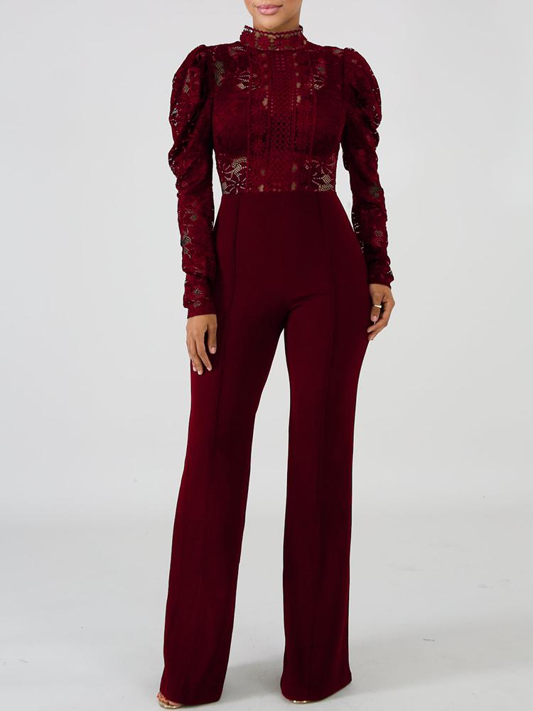 

Mock Neck Floral Lace Bodice Jumpsuit, Wine red