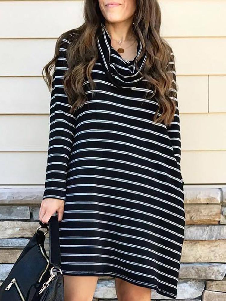 

Long Sleeve Cowl Neck Striped Casual Dress, Black