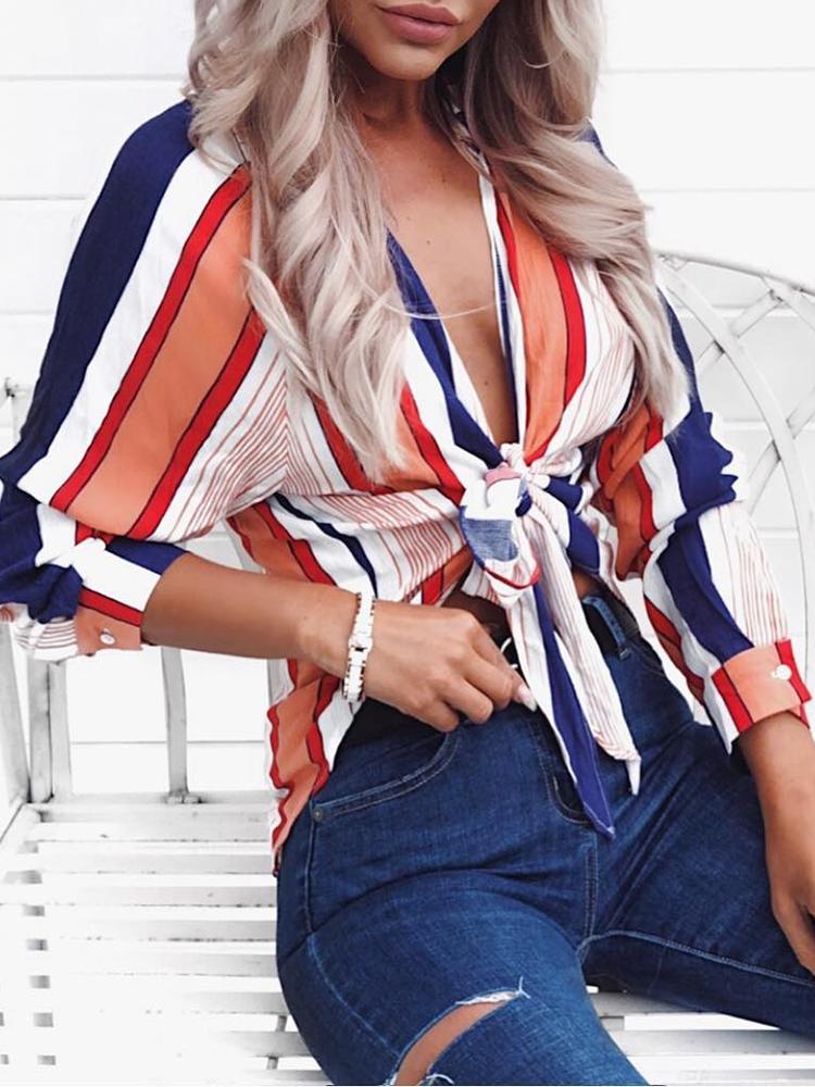 

Stylish Striped Deep V Knotted Front Blouse, Multicolor