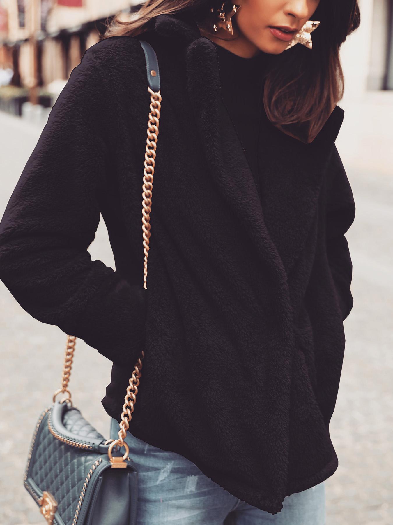 

Solid Fluffy Pocket Design Long Sleeve Coat