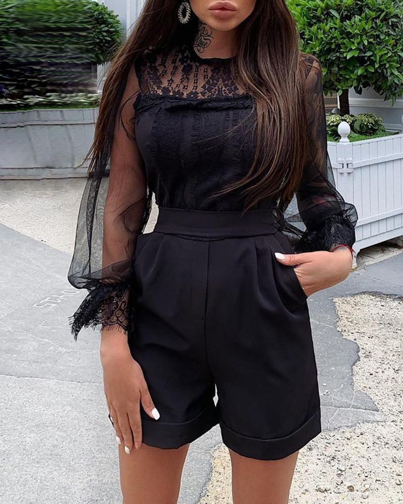 

Lace Embroidery See Through Lantern Sleeve Romper