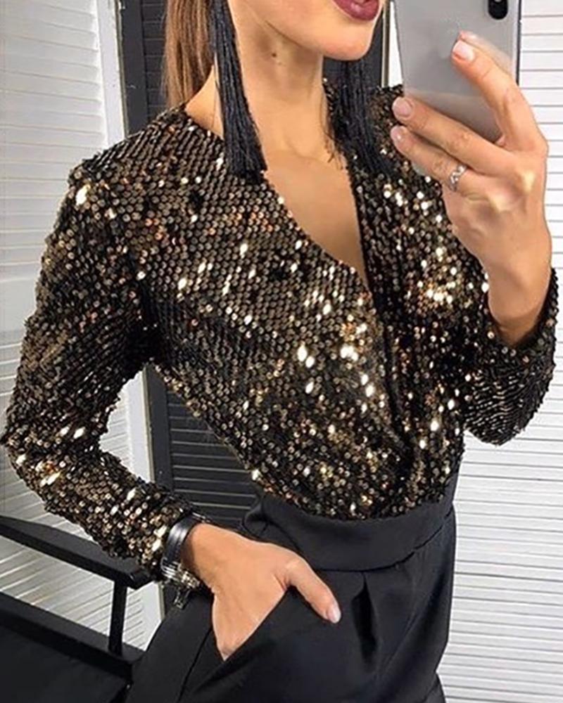 

V-Neck Long Sleeve Sequins Blouse, Brown