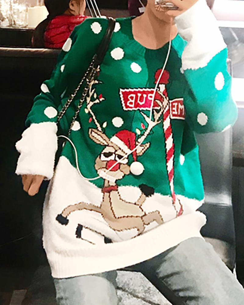 

Christmas Mixed Print Knit Sweater, Green