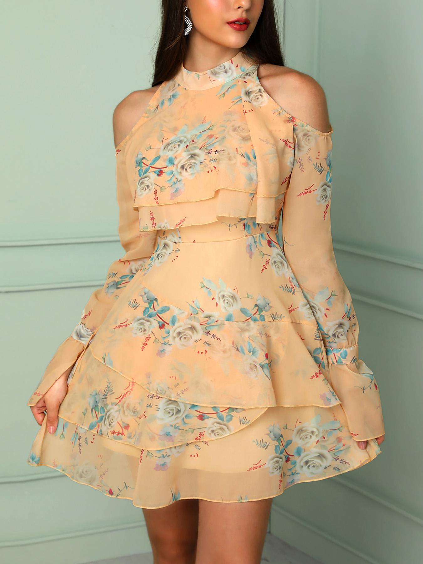 

Cold Shoulder Floral Print Layered Ruffles Dress