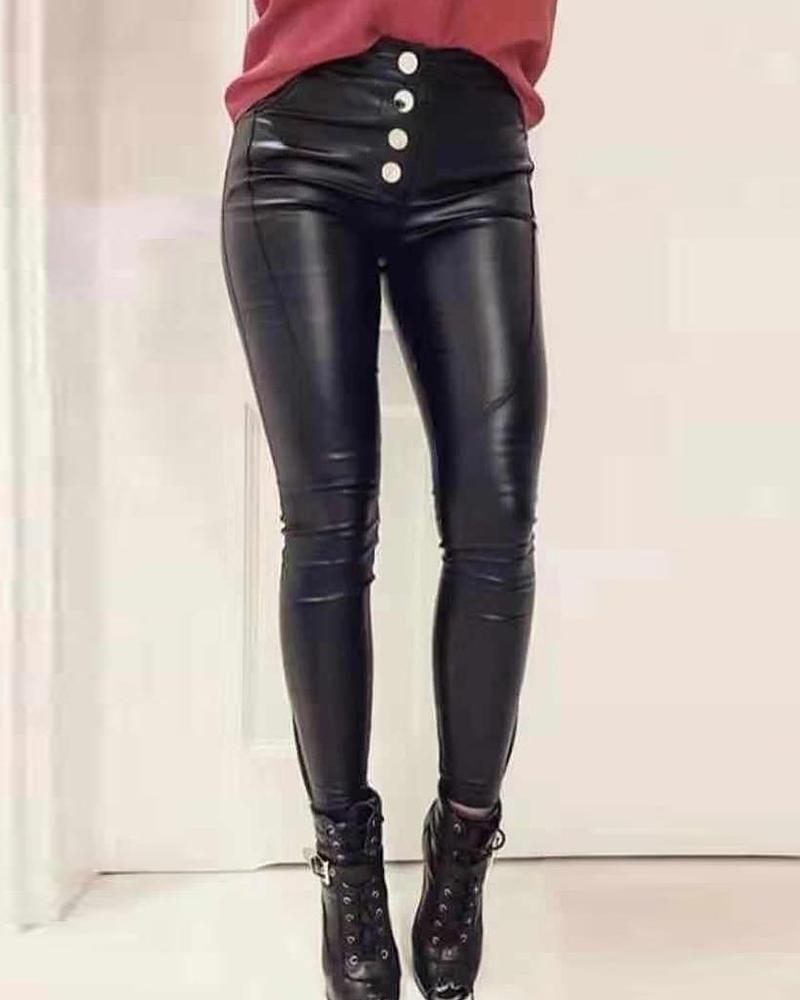 

Faux Leather Buttoned Pants, Black