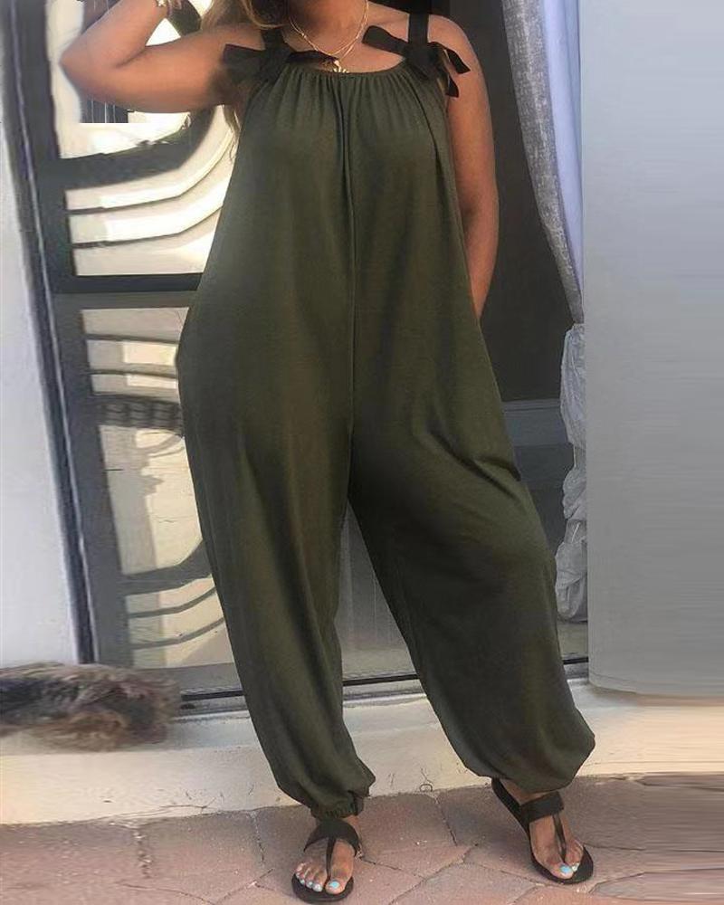 

Bowknot Strap Casual Loose Jumpsuits, Army green