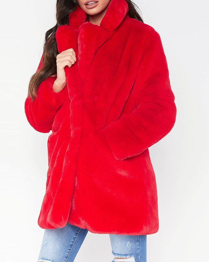

Plain Fluffy Long Sleeve Faux Fur Coat, Red