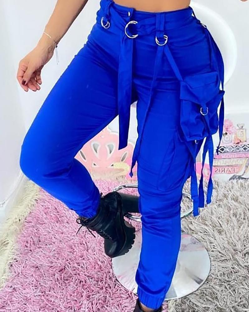 

Pocket Design High Waist Cargo Pants, Blue
