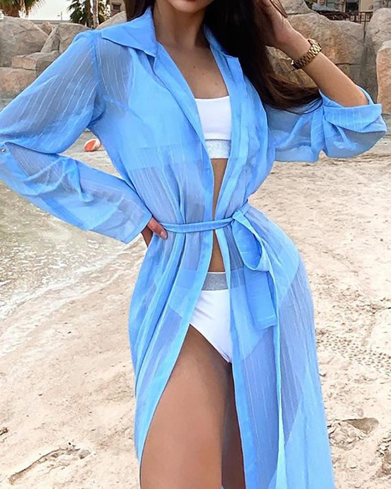 

Sheer Mesh Long Sleeve Cardigan, Blue