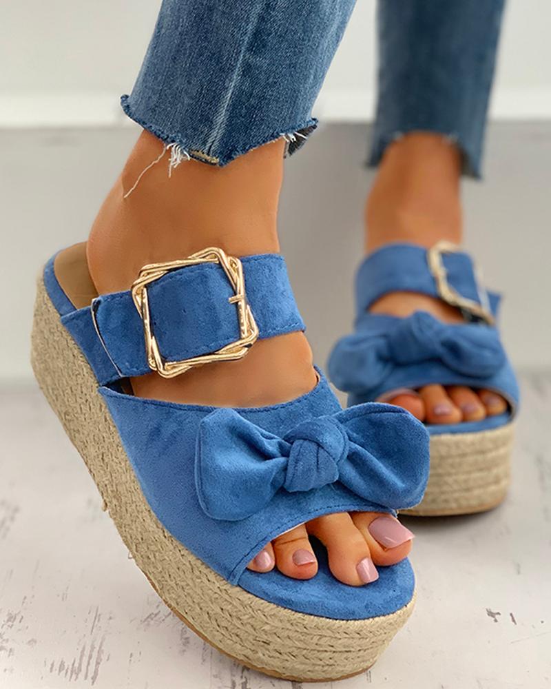 

Bowknot Design Cutout Buckled Platform Espadrille Sandals, Blue